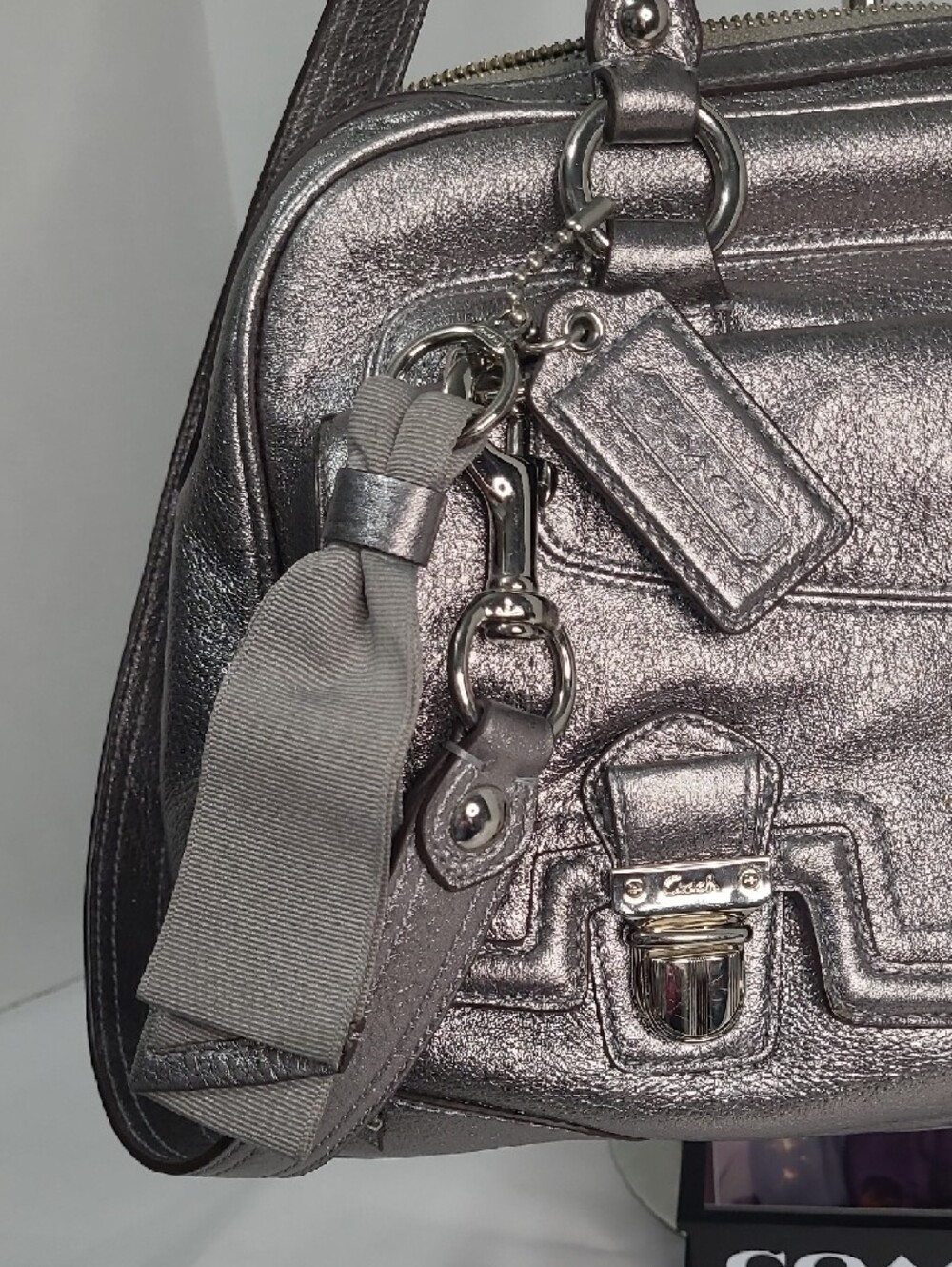 Coach Poppy Pushlock Metallic Silver Leather Satchel Handbag with Ribbon Charm - Picture 2 of 16
